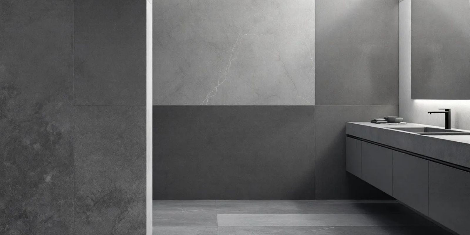 Different wall ideas for gray bathrooms, showcasing various textures and shades.