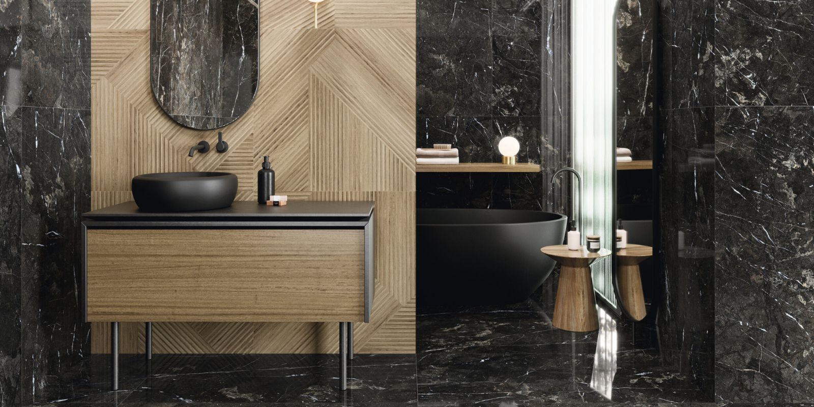 Modern bathroom with black marble walls, wood vanity, and black vessel sink.