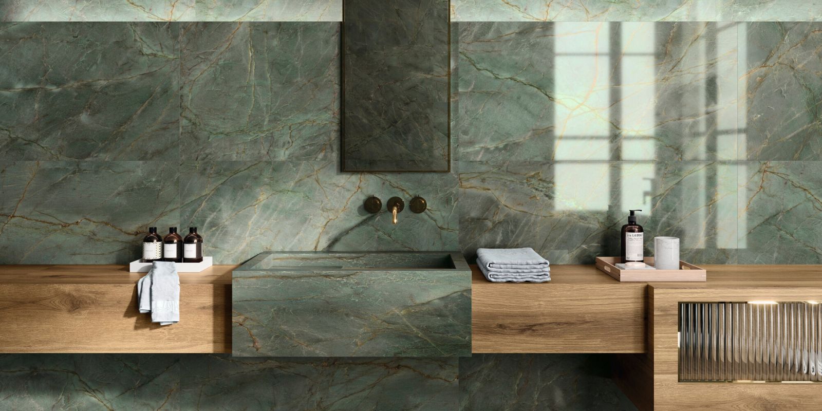 Earthy toned blue and green Marble effect tiles