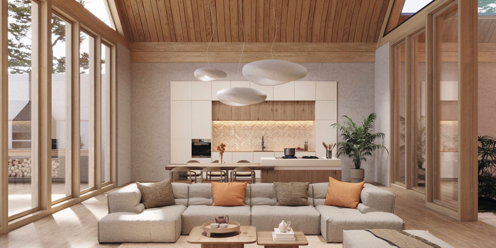 Modern open-plan living room and kitchen with wood accents, large windows, and neutral-toned furniture.