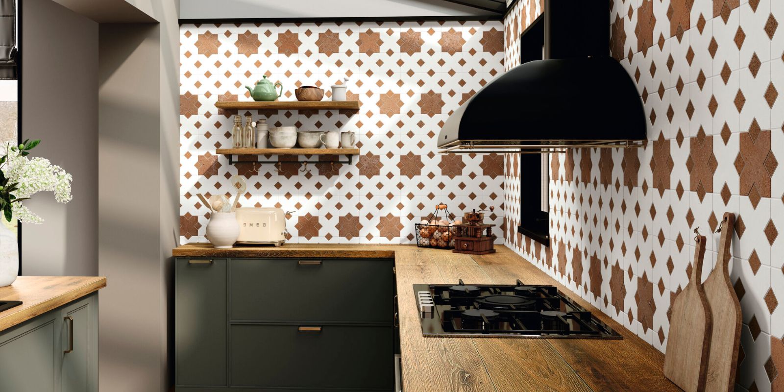 Rustic kitchen with patterned terracotta and white wall tiles, wooden countertops, green cabinets, and open wooden shelves