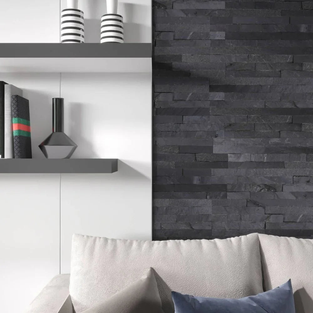 Imperial Black Riven Cladding 10 x 40cm Living Room Wall