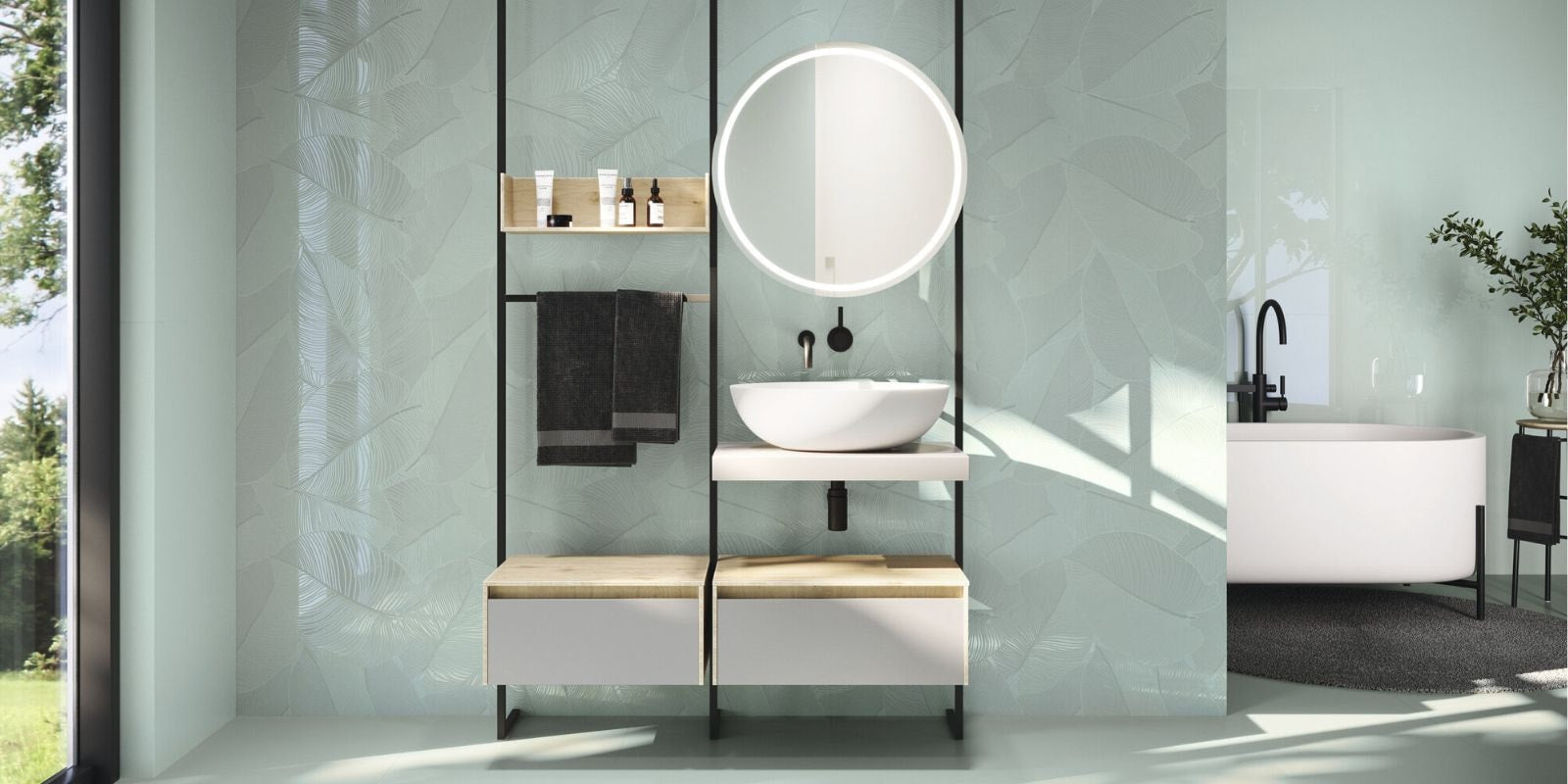 Fresh summer bathroom with soft sage walls, botanical tile texture, minimalist black fixtures, and a statement round mirror above a floating vanity.