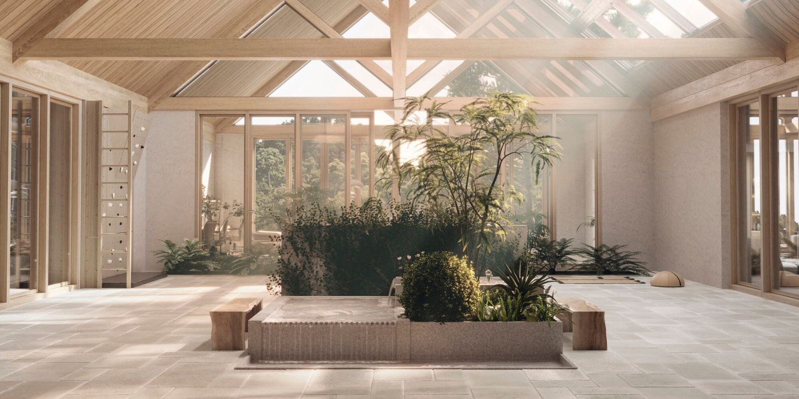 Serene indoor courtyard with light stone floor tiles, lush greenery in a central planter, timber beams, and large skylights letting in natural sunlight.