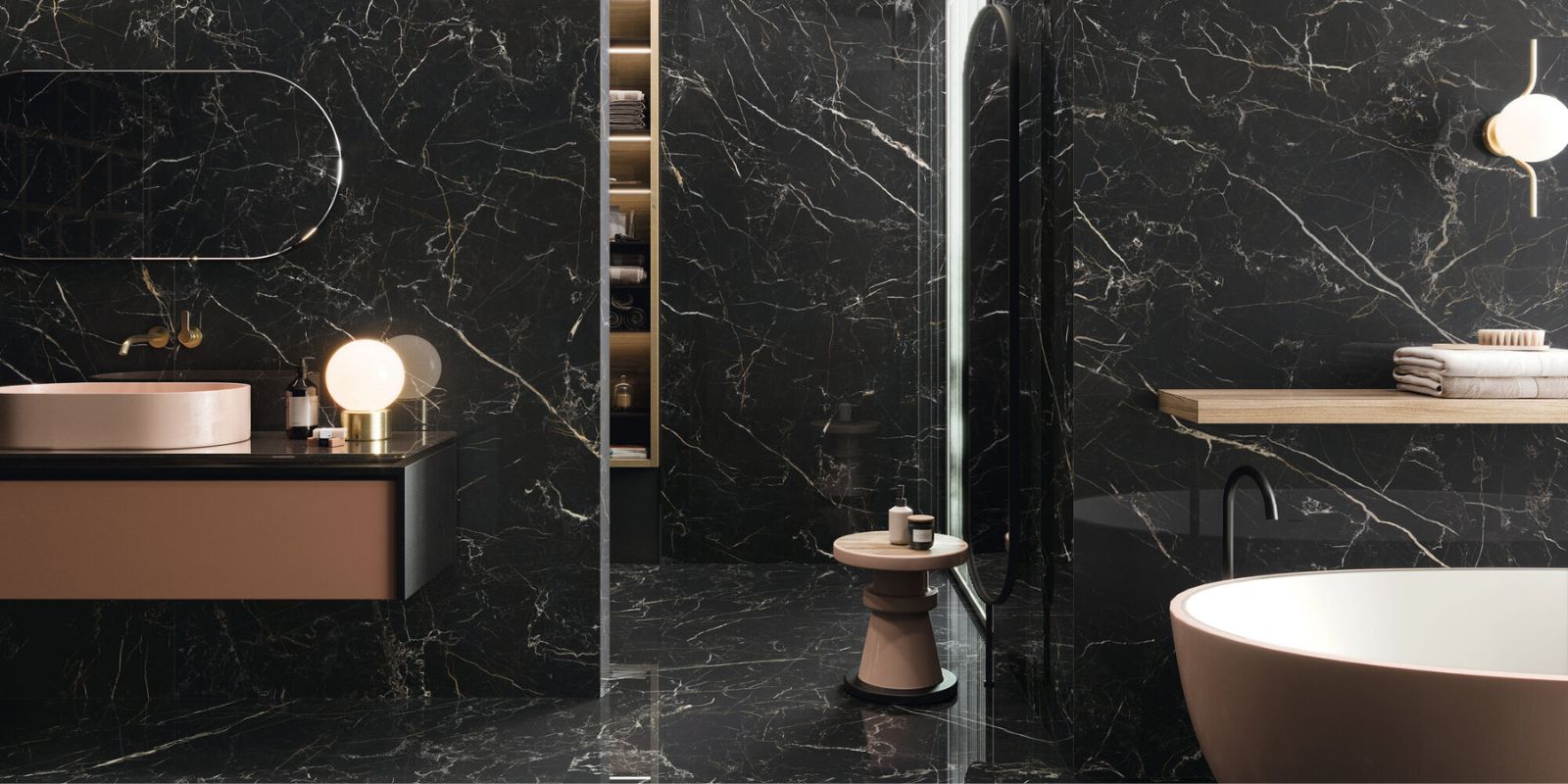 Black aesthetic marble effect bathroom with rose gold fixtures