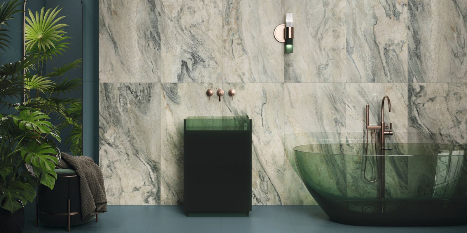 green aesthetic bathroom marble effect large format green and blue earth toned wall tiles