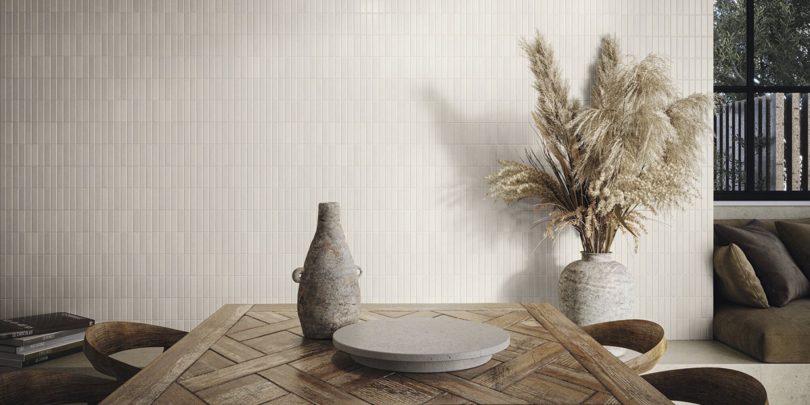 contemporary and timeless dining room inspiration with classic cream subway tiles vertically stacked.
