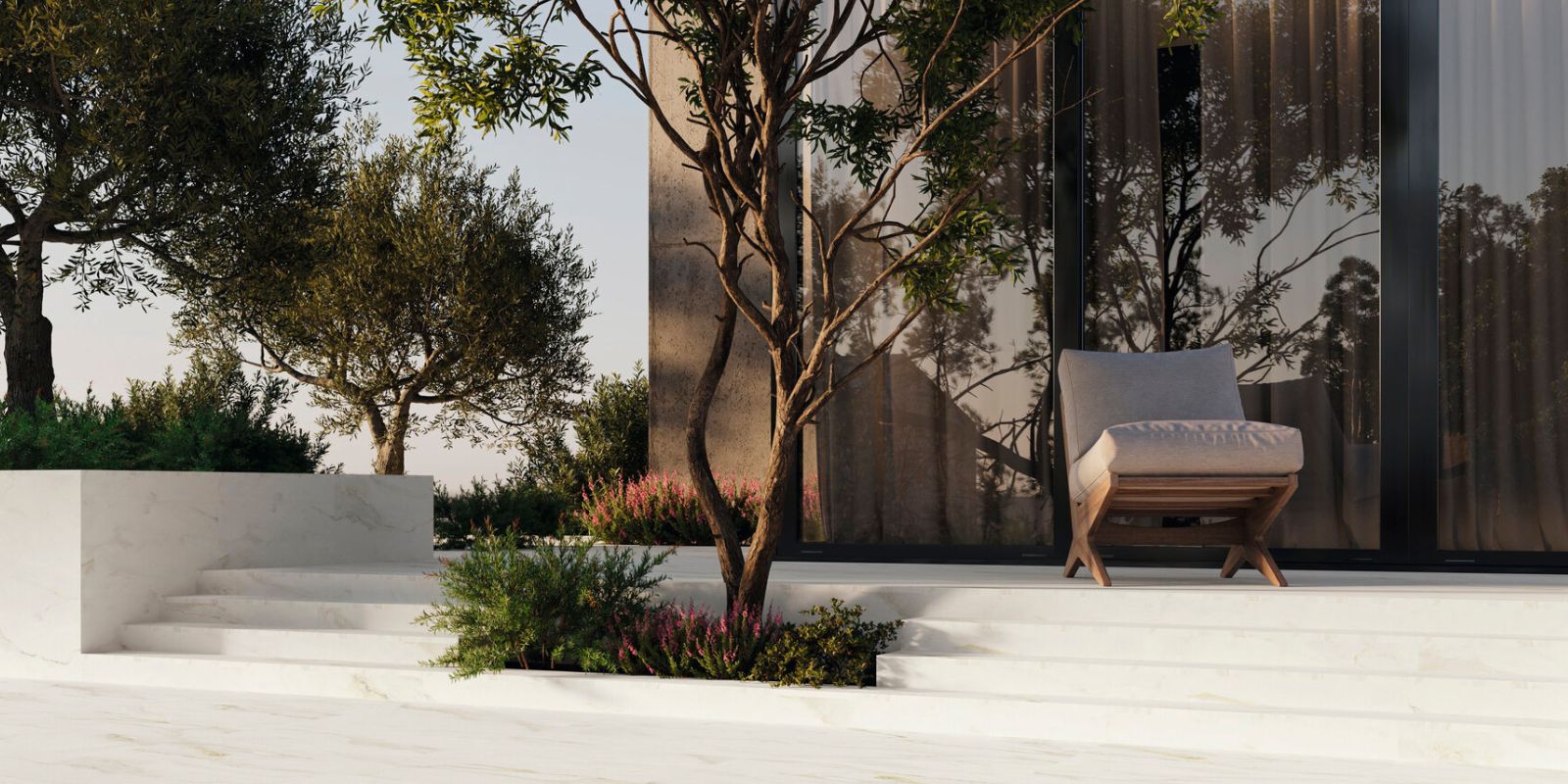 contemporary clean cream look, outdoor large format porcelain tiles