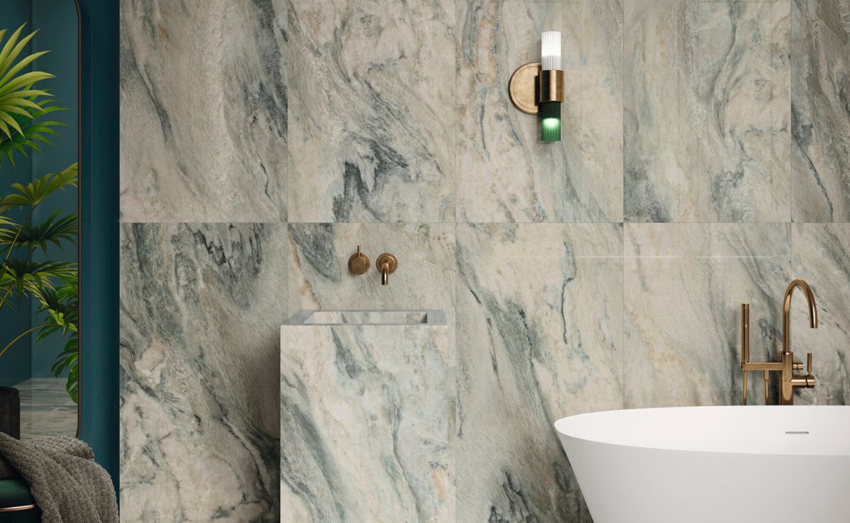 Green Marble Bathrooms With Natural Wooden Accents