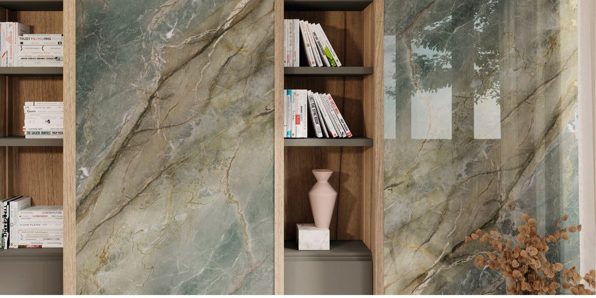 earth toned blue green and sand large format marble effect wall tiles
