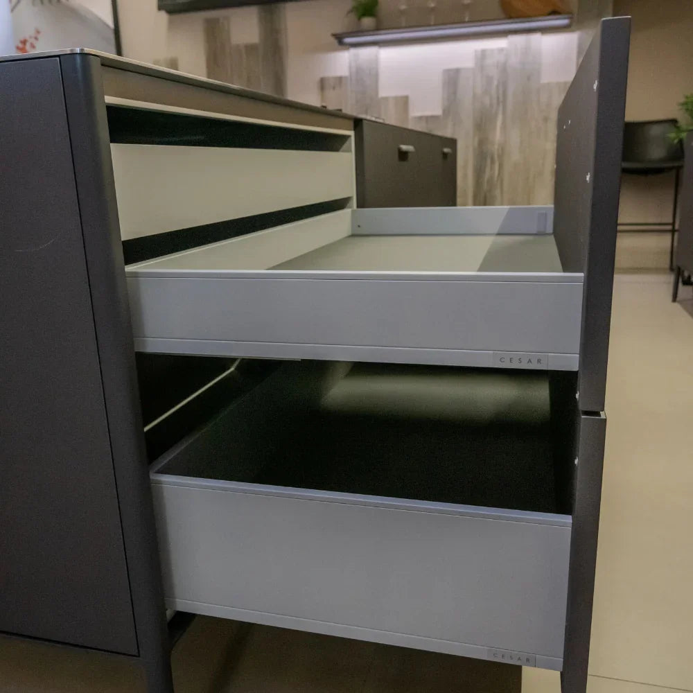Grey drawers with Cesar branding