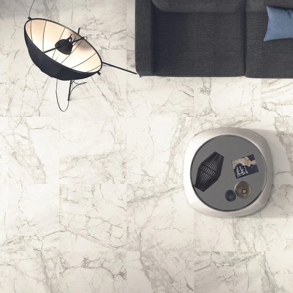 Luna BLanco 75 x 75cm Polished Marble Effect Porcelain TIle Living Room Flooring