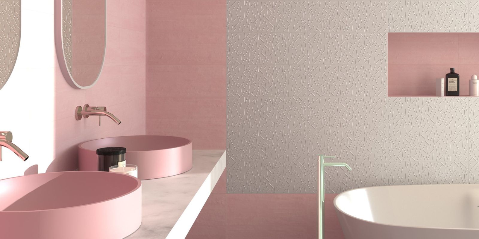 Modern pink and white bathroom with pink vessel sinks, textured wall tiles, and a freestanding tub.