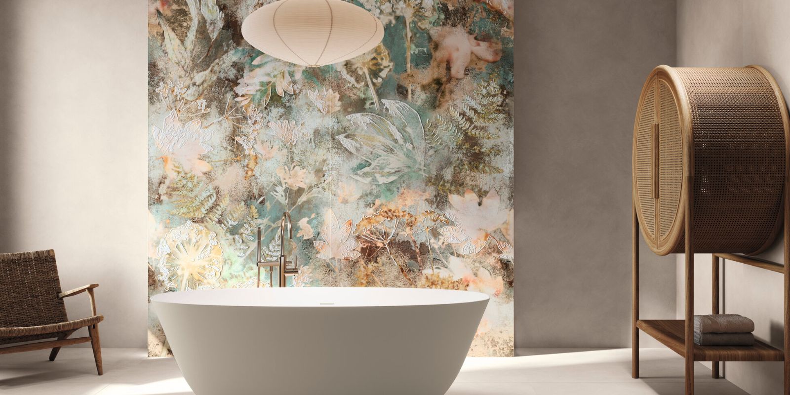 Serene bathroom with a freestanding tub, botanical mural feature wall, and natural wood accents.