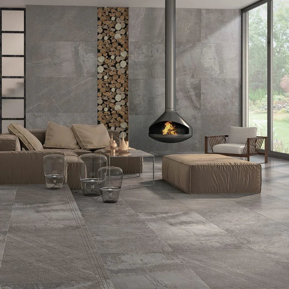 Ray Band Basalt 30 x 60cm Stone Effect Floor and Wall Porcelain Tile Living Room Floor and Wall