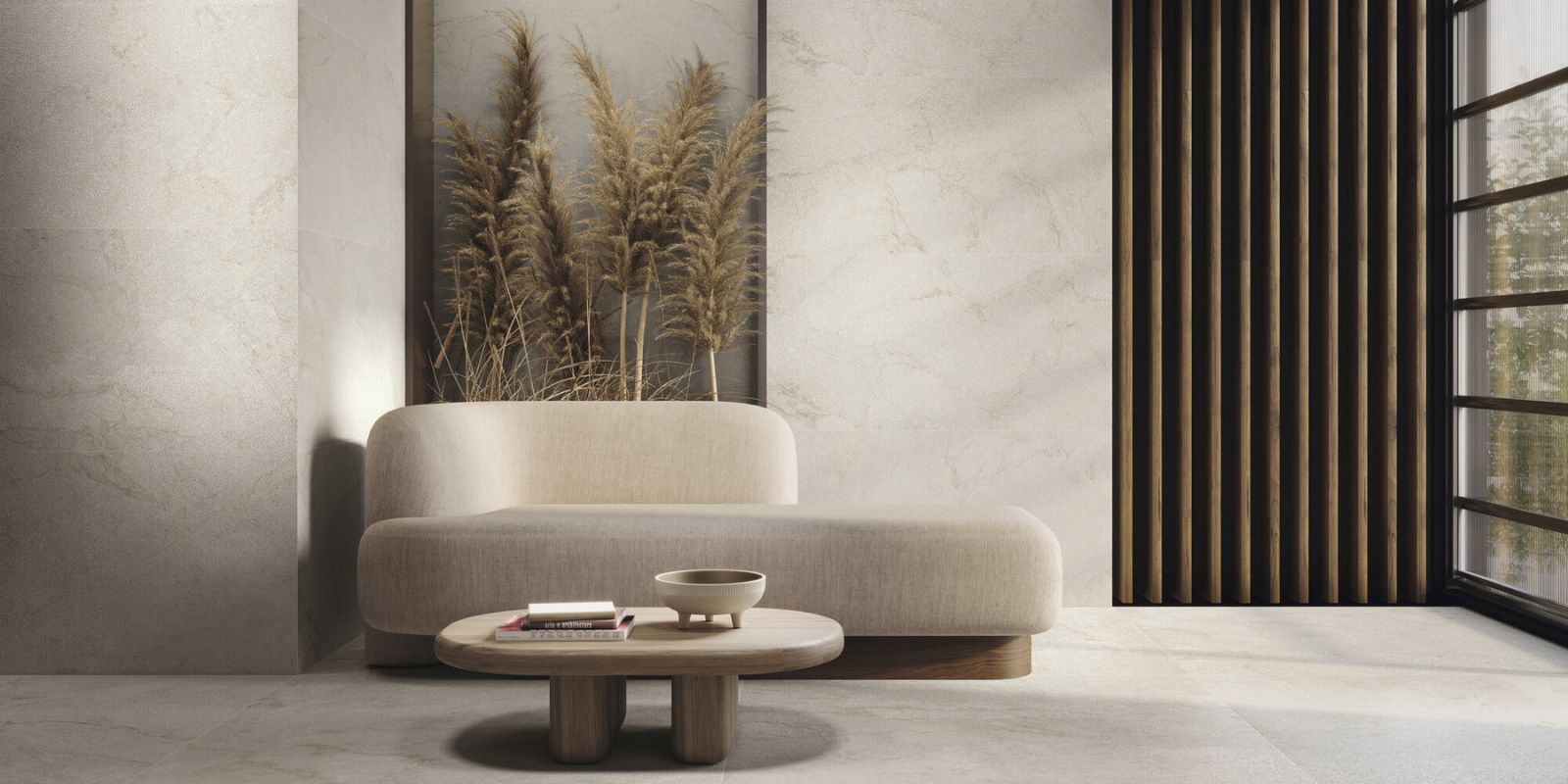 Beige large formal wall and floor tiles with side wall wooden panelling