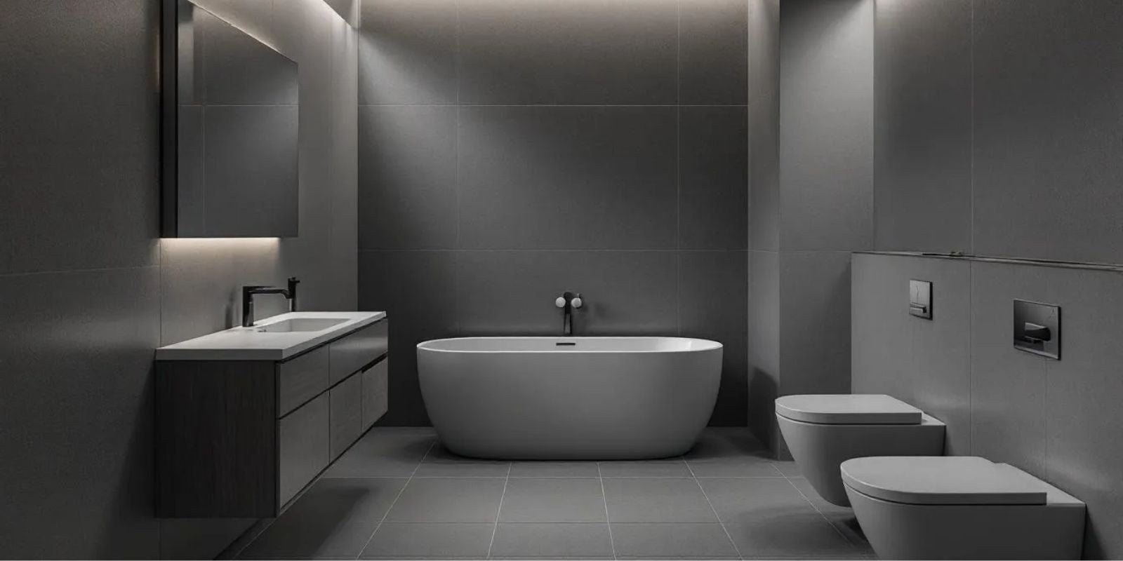 A modern gray bathroom showcasing various gray elements and soothing shades.