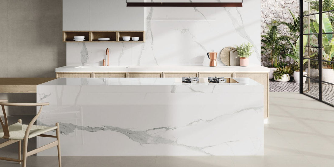 Contemporary modern kitchen with marble effect worktops