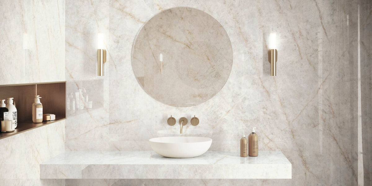 pink and cream large format marble effect wall tiles