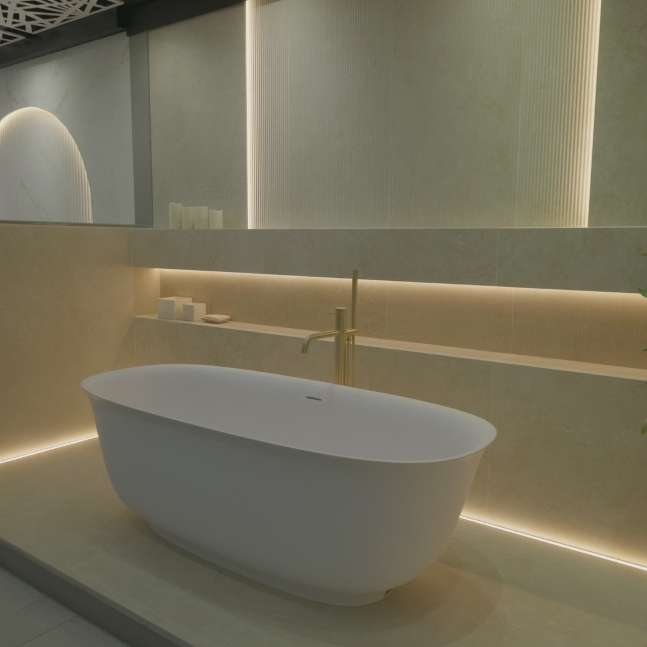Load video: Video of a bathroom display showing the Stonefell Ripple White classic and decor tile