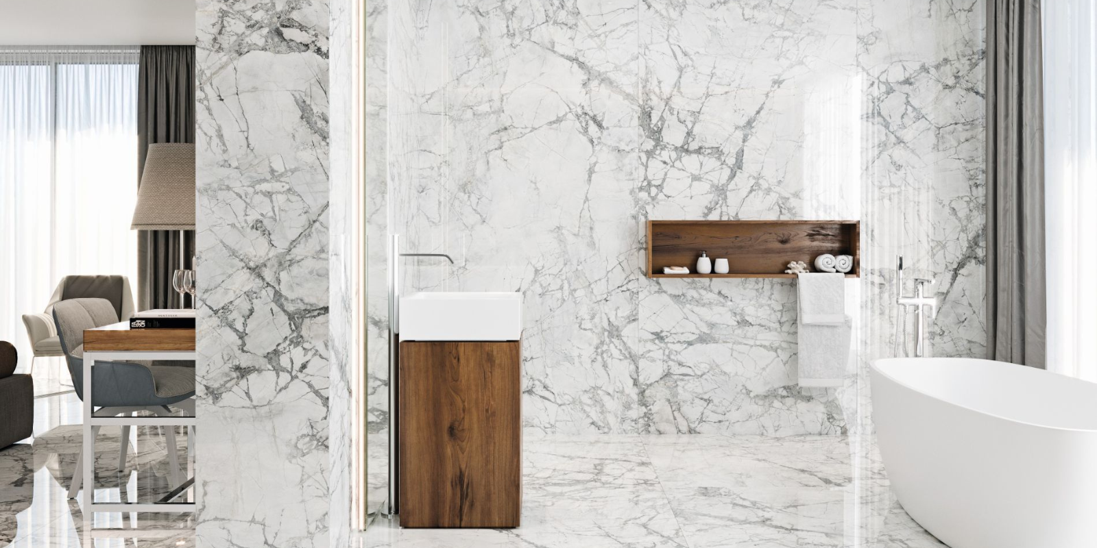 white wall and floor marble effect bathroom tiles in an open bathroom 