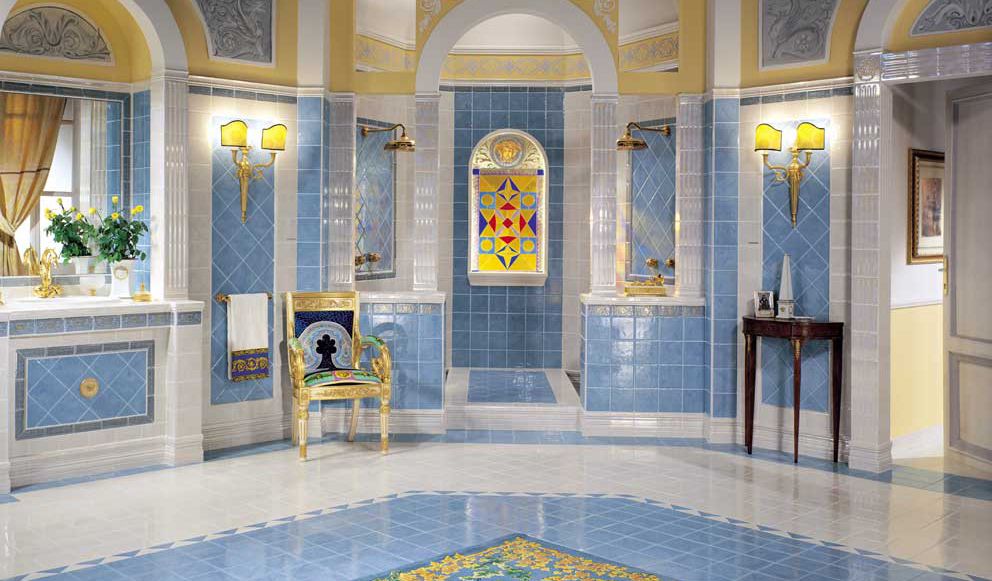 Blue Versace bathroom floor and wall tiles