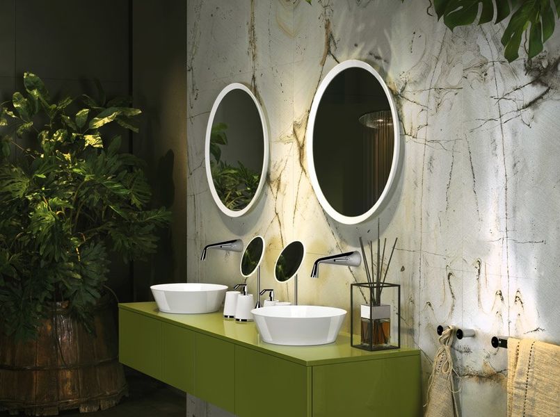 Modern style double sink with greenery and plants
