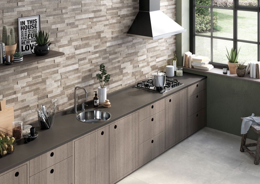 Textured tiles on a kitchen wall