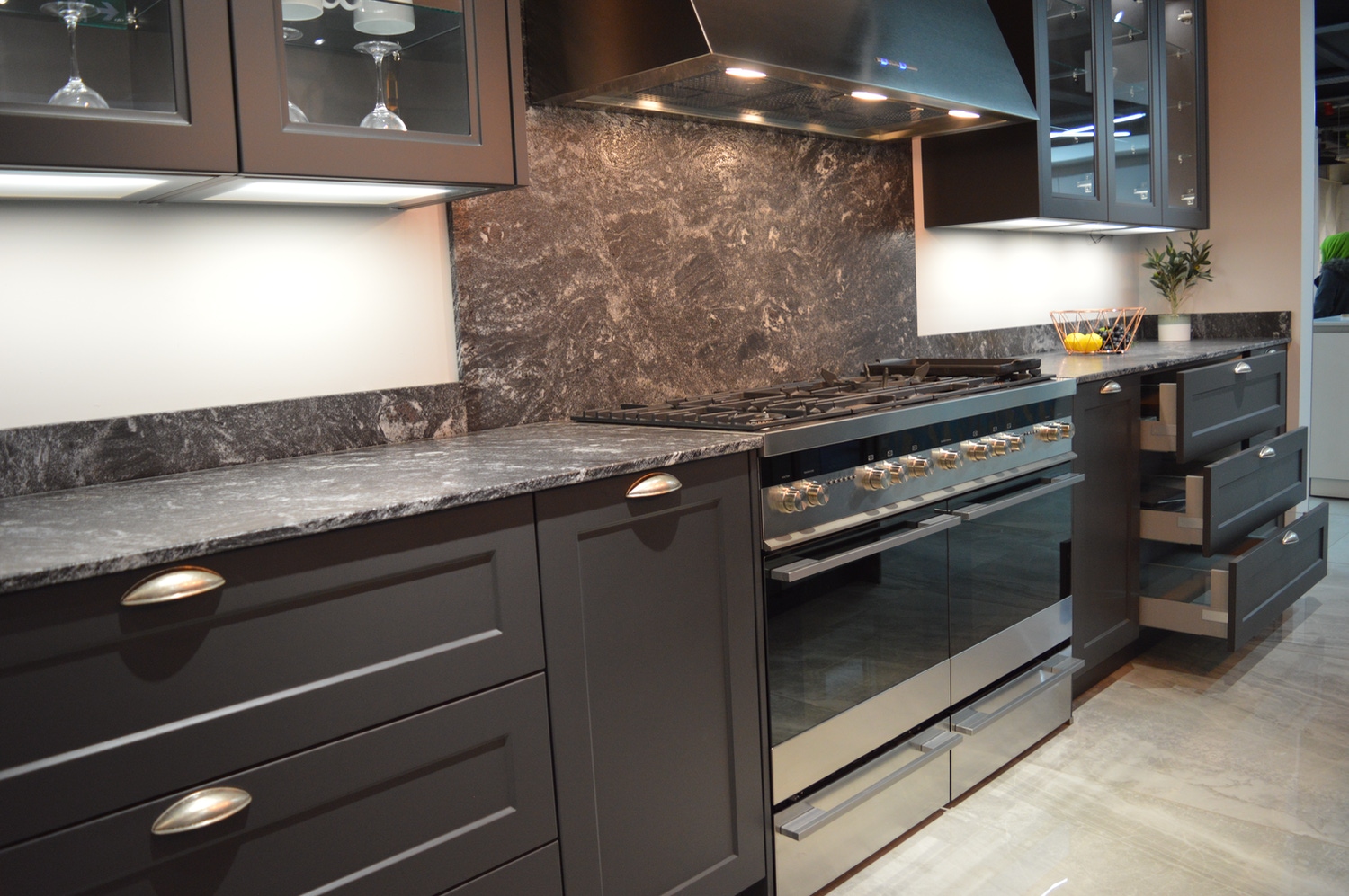 Dark marble backsplash in a grand kitchen