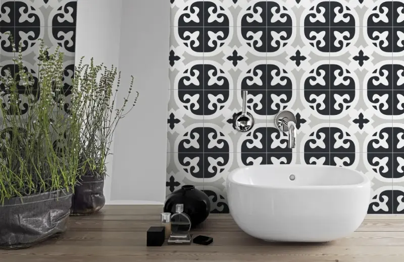 A contemporary victorian style tile in a bathroom