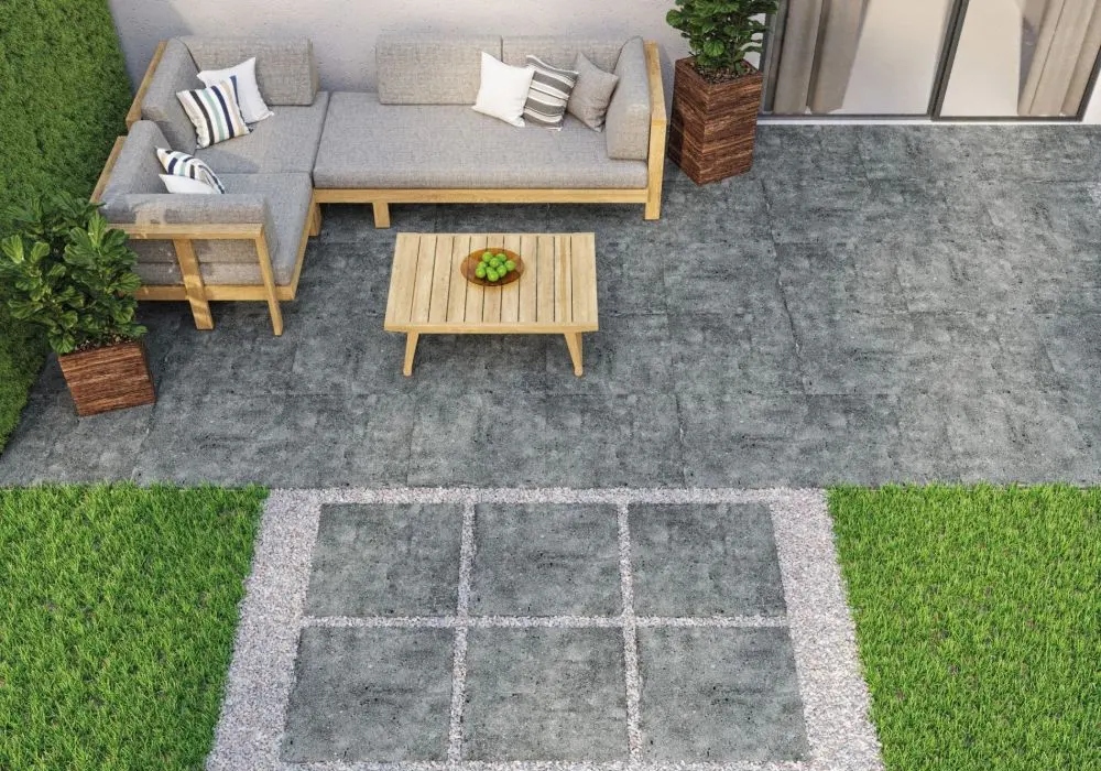 Paved garden in sections using different tiles