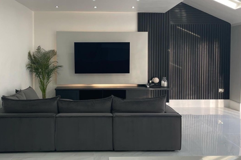 Modern contemporary living area with tiled media wall