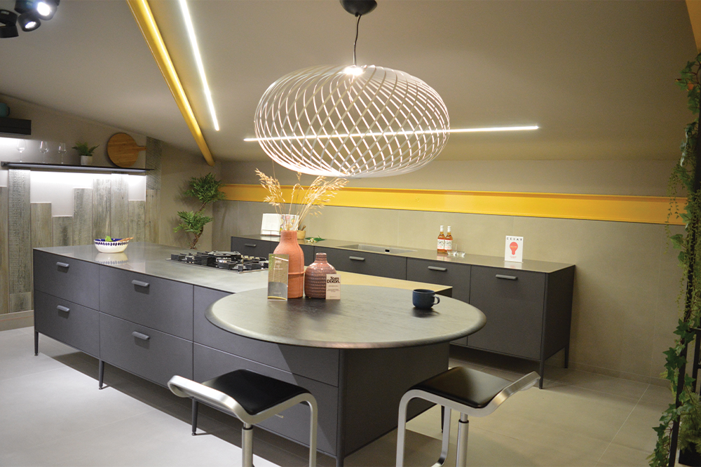 Grey and yellow kitchen