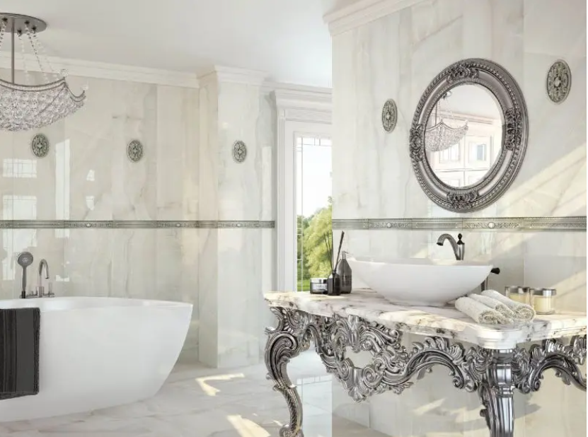 Beautiful elegant bathroom with ceramic tiles and opulent chrome details
