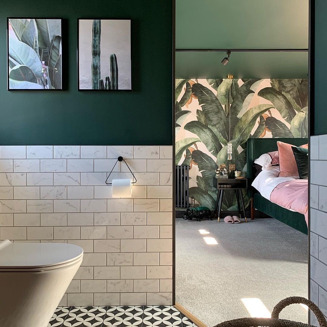 Modern green and white new retro style bathroom