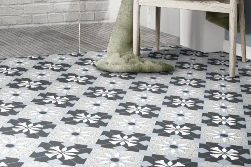 Geometric bathroom floor tiles available at Roccia