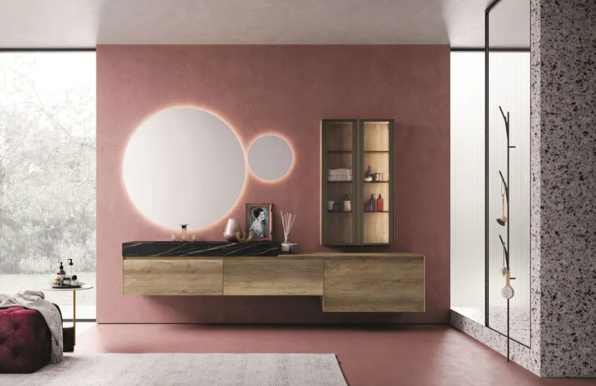 Pink and wooden Novello bathroom design
