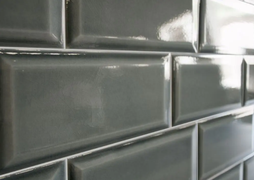 Grey porcelain subway tiles close-up