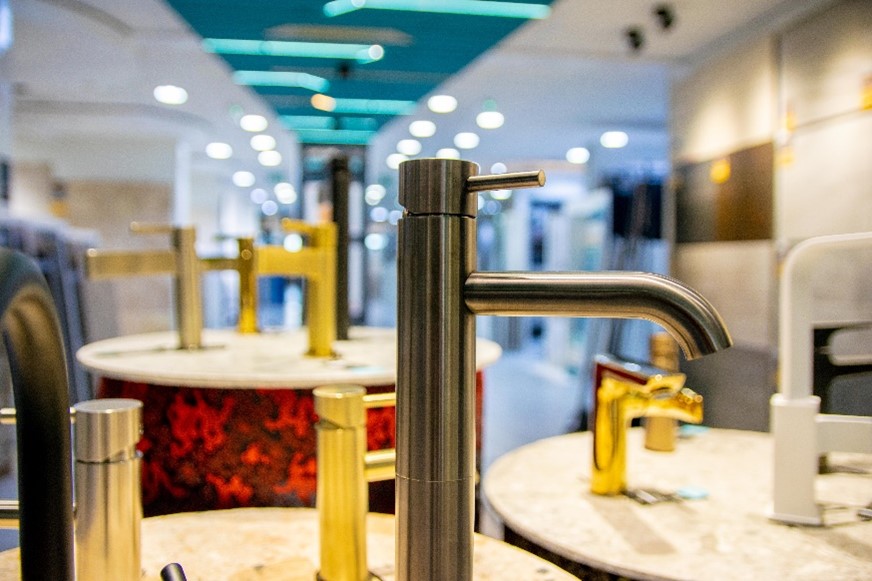 Close-up image of tap display in Roccia showroom