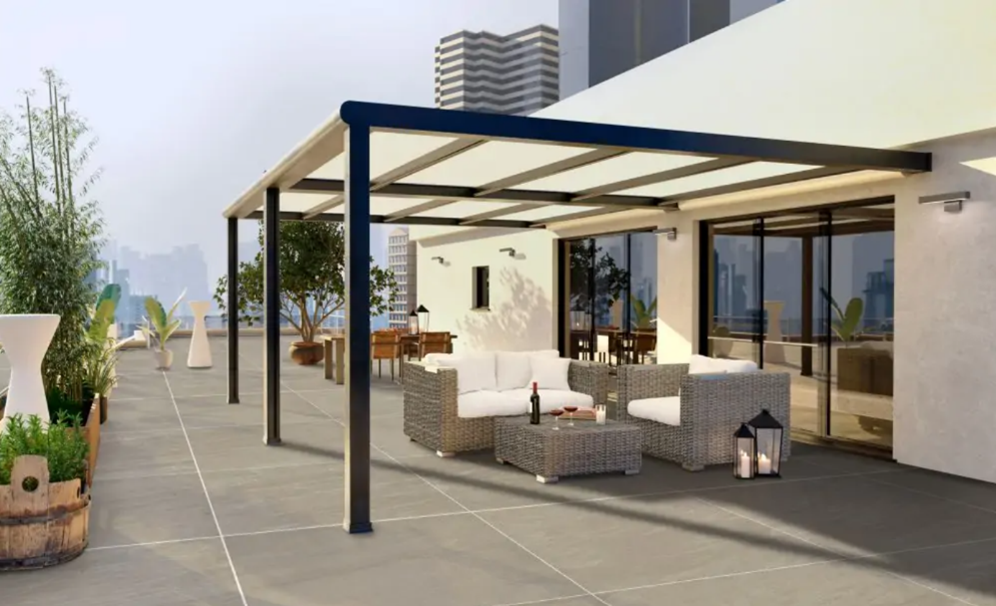 Beautifully tiled outdoor patio dining area outside modern home