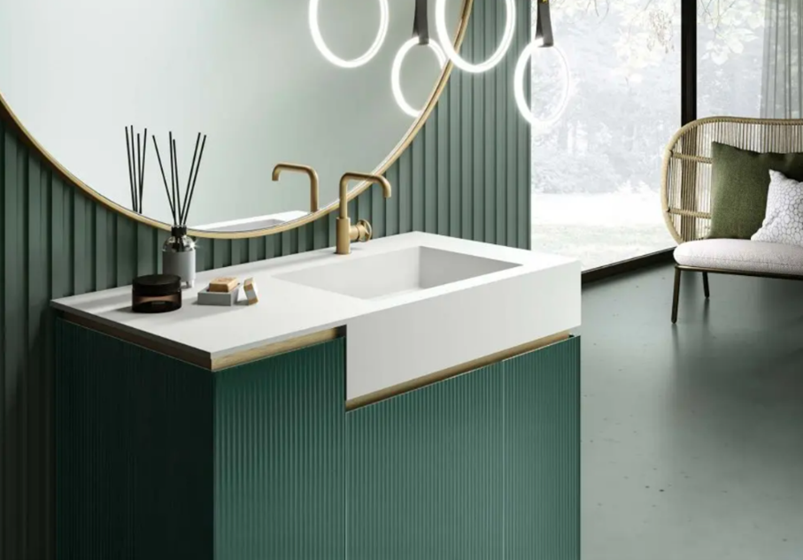 Artelinea forest green sink unit and wall with gold accents
