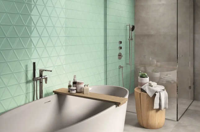 mint coloured triangular tiles in a modern minimalist bathroom